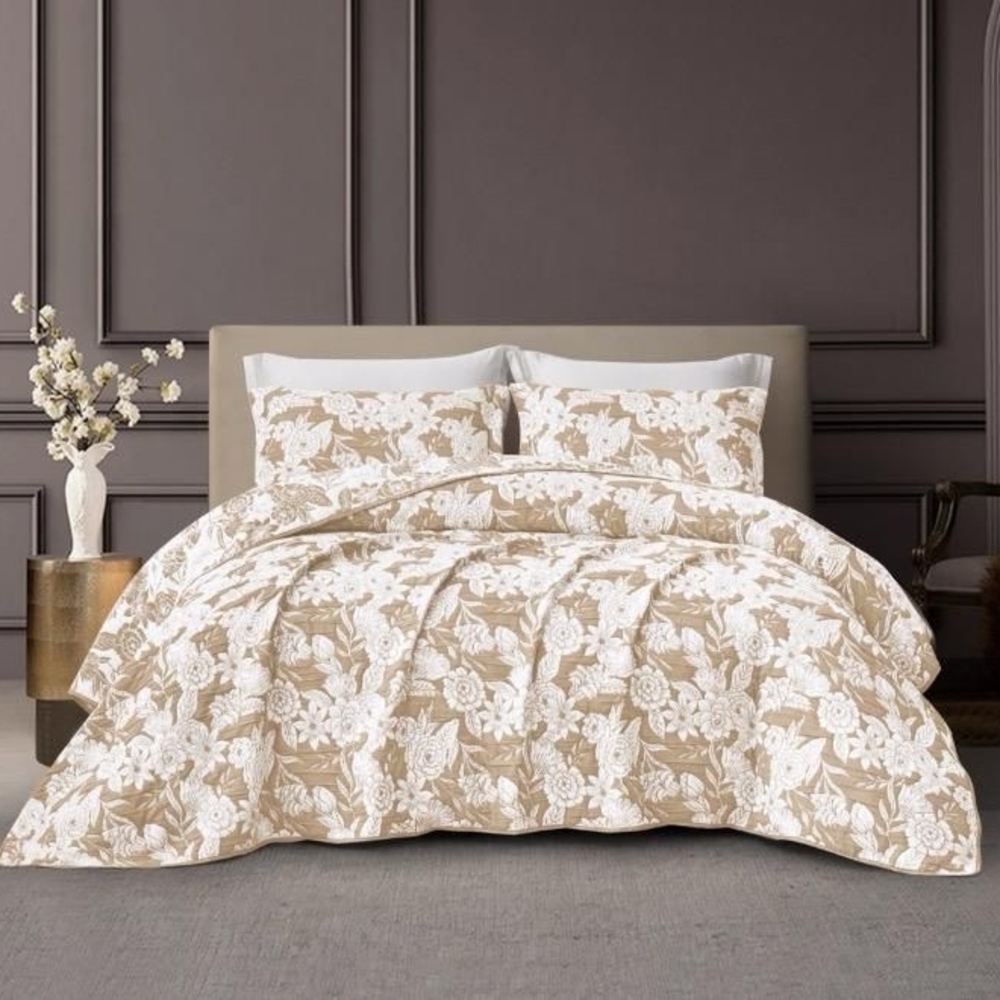 CHARLOTTE FLOWERS TAUPE COLOR DECORATIVE BEDSPREAD SET 3 PCS QUEEN SIZE